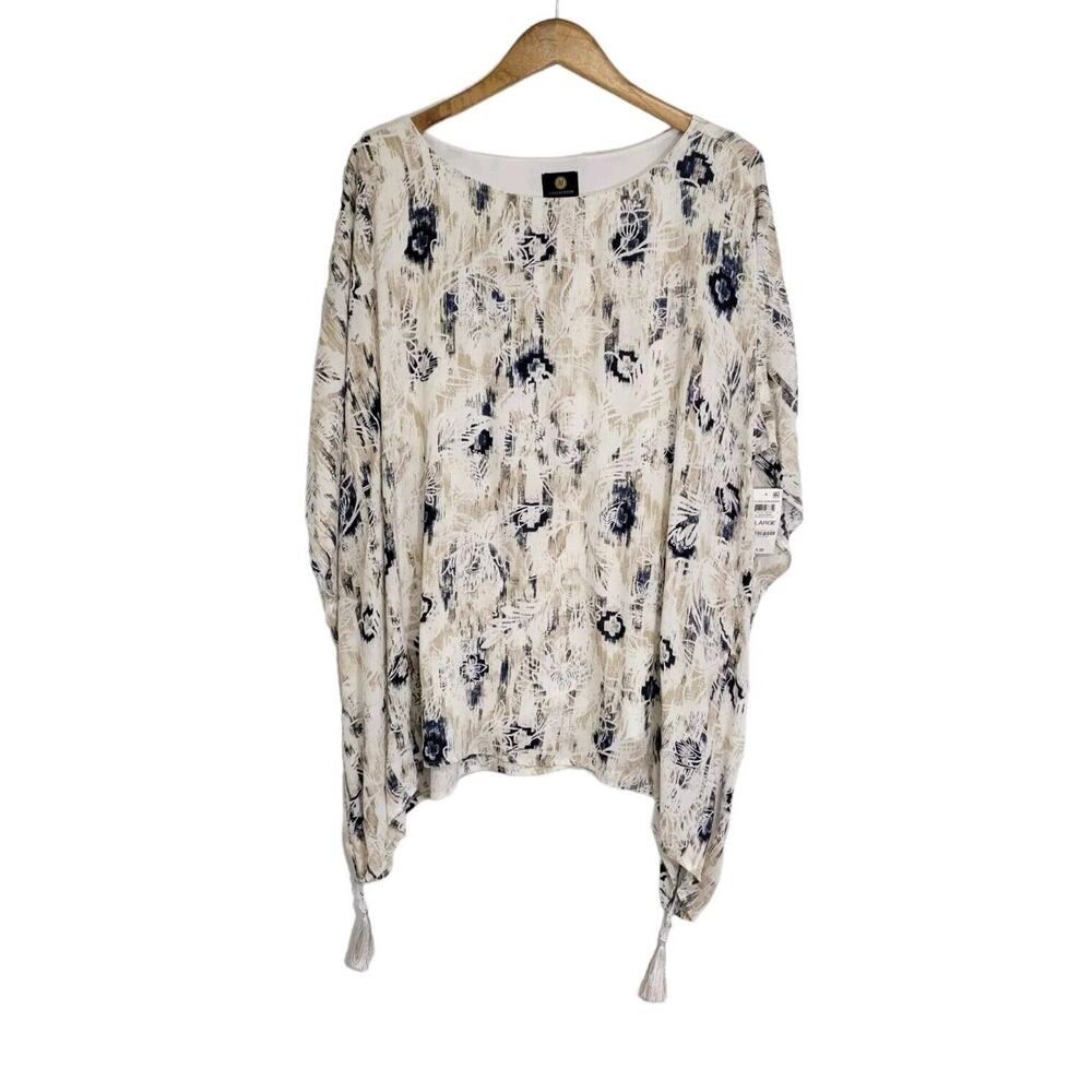 JM Collection Beige White Blue Floral Lined Tassel Boho Tunic Top Size XL NWT